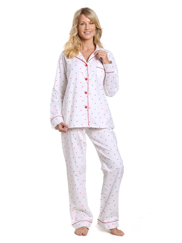 Women's 100% Cotton Flannel Pajama Sleepwear Set - Little Hearts - White-Red
